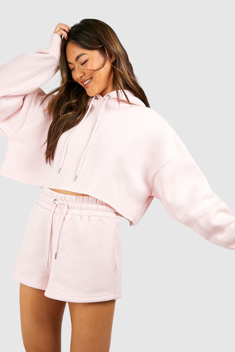 Womens Cropped Raw Hem Hoodie - Pink - L, Pink